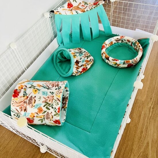 Custom C&C cage setup. Fleece liners & Fleece bedding made by Teacup Nethies